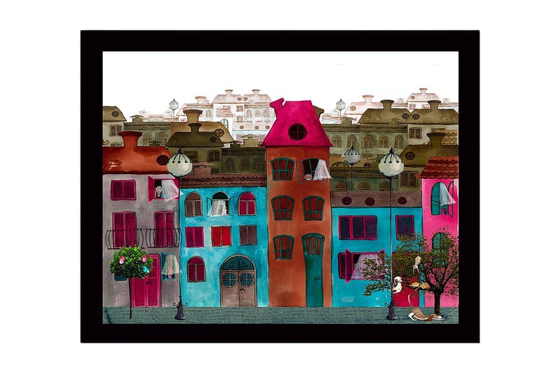 Inramad Canvastavla i trä - 41x56 cm - Färgglada hus i en stadsmiljö, Rosa / Turkos / Röd