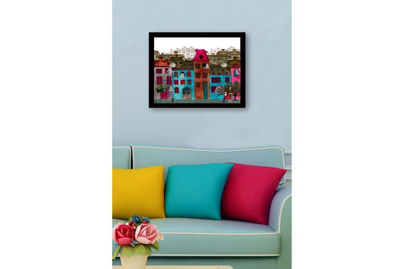Inramad Canvastavla i trä - 41x56 cm - Färgglada hus i en stadsmiljö - Rosa / Turkos / Röd - Inredning & dekor - Tavlor & konst
