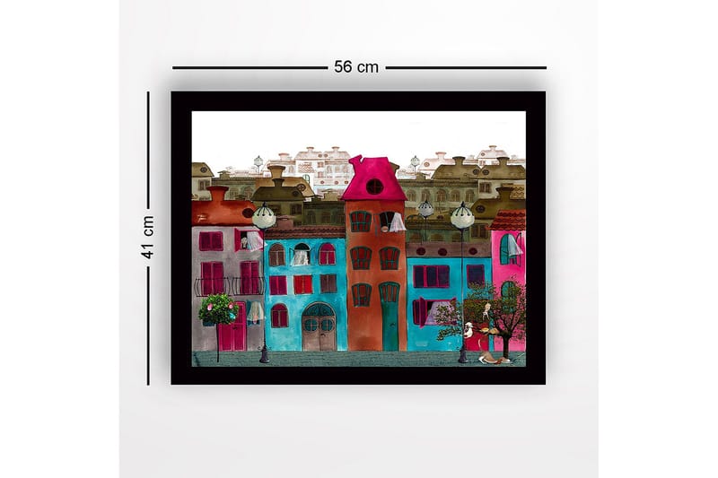 Inramad Canvastavla i trä - 41x56 cm - Färgglada hus i en stadsmiljö - Rosa / Turkos / Röd - Inredning & dekor - Tavlor & konst