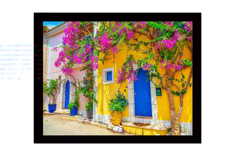 Inramad Canvastavla i trä - 41x56 cm - Färgglada hus med bougainvillea i blomning - Gult / Blått / Rosa - Inredning & dekor - Tavlor & konst