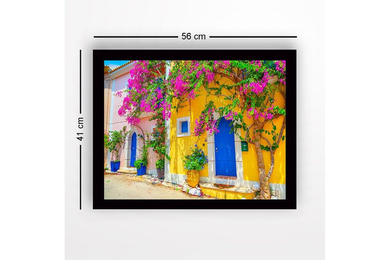 Inramad Canvastavla i trä - 41x56 cm - Färgglada hus med bougainvillea i blomning - Gult / Blått / Rosa - Inredning & dekor - Tavlor & konst
