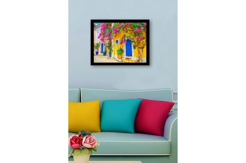 Inramad Canvastavla i trä - 41x56 cm - Färgglada hus med bougainvillea i blomning - Gult / Blått / Rosa - Inredning & dekor - Tavlor & konst