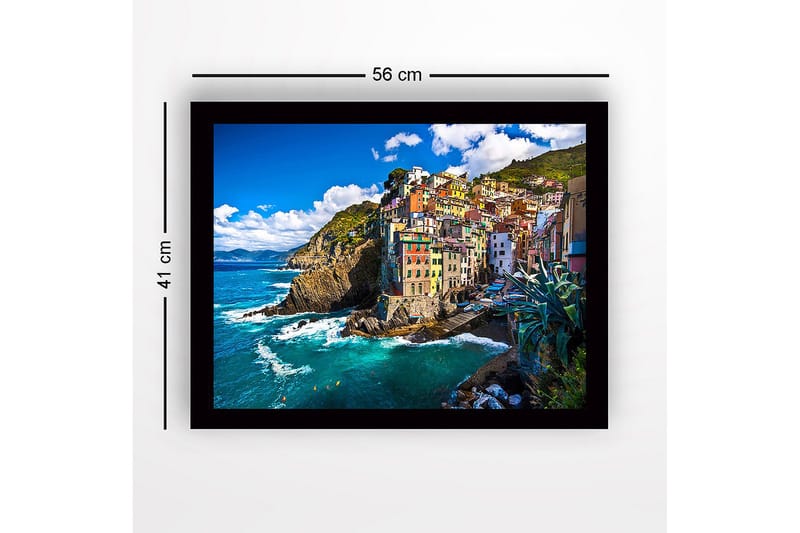 Inramad Canvastavla i trä - 41x56 cm - Färgglada hus vid en klippig kustlinje - Blå / Grön / Gul - Inredning & dekor - Tavlor & konst