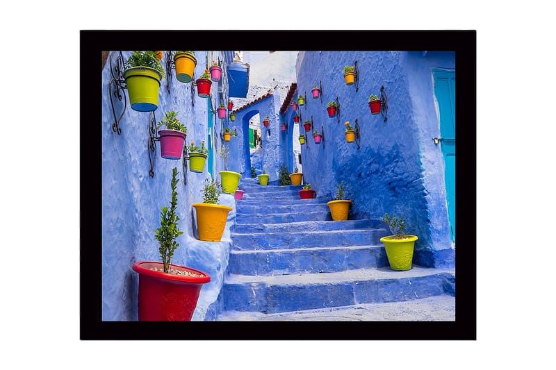 Inramad Canvastavla i trä - 41x56 cm - Färgglada krukor på en blå trappa i en pittoresk gränd - Blå / Gul / Röd - Inredning & dekor - Tavlor & konst