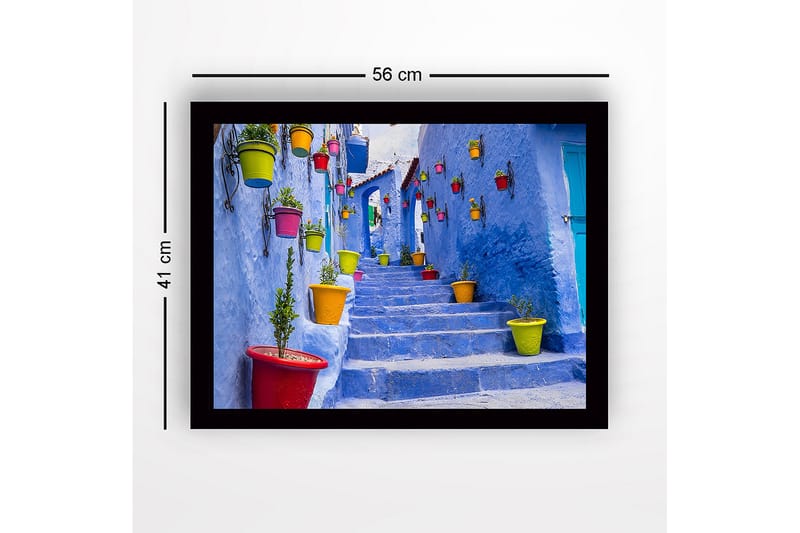 Inramad Canvastavla i trä - 41x56 cm - Färgglada krukor på en blå trappa i en pittoresk gränd - Blå / Gul / Röd - Inredning & dekor - Tavlor & konst