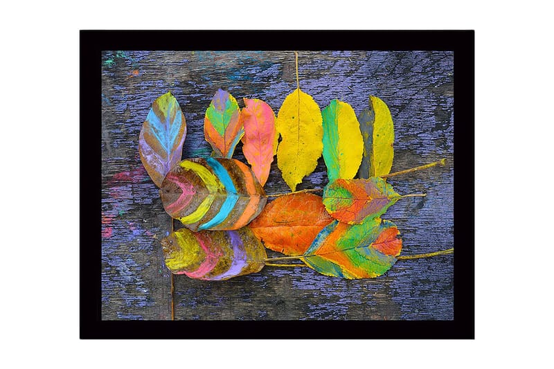 Inramad Canvastavla i trä - 41x56 cm - Färgglada löv arrangerade på en mörk bakgrund - Gul / Lila / Grön - Inredning & dekor - Tavlor & konst