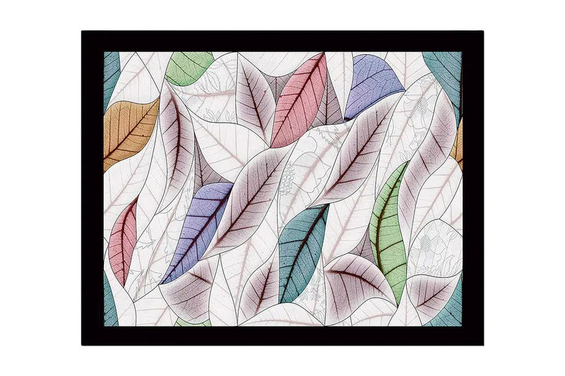 Inramad Canvastavla i trä - 41x56 cm - Färgglada löv i en harmonisk komposition, Grön / Rosa / Blå