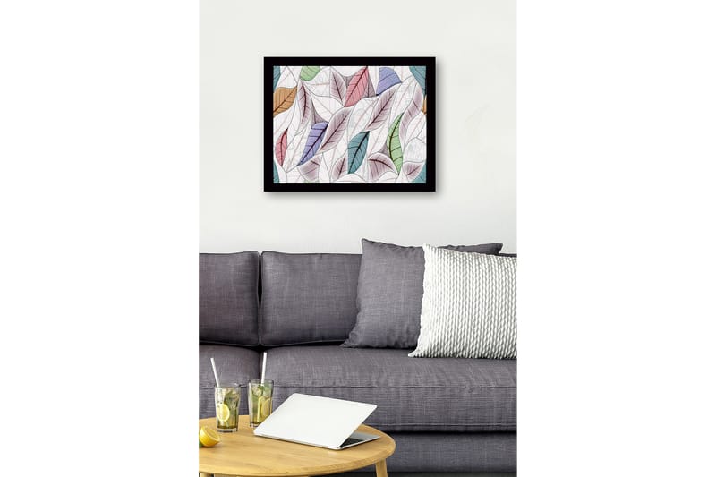 Inramad Canvastavla i trä - 41x56 cm - Färgglada löv i en harmonisk komposition - Grön / Rosa / Blå - Inredning & dekor - Tavlor & konst