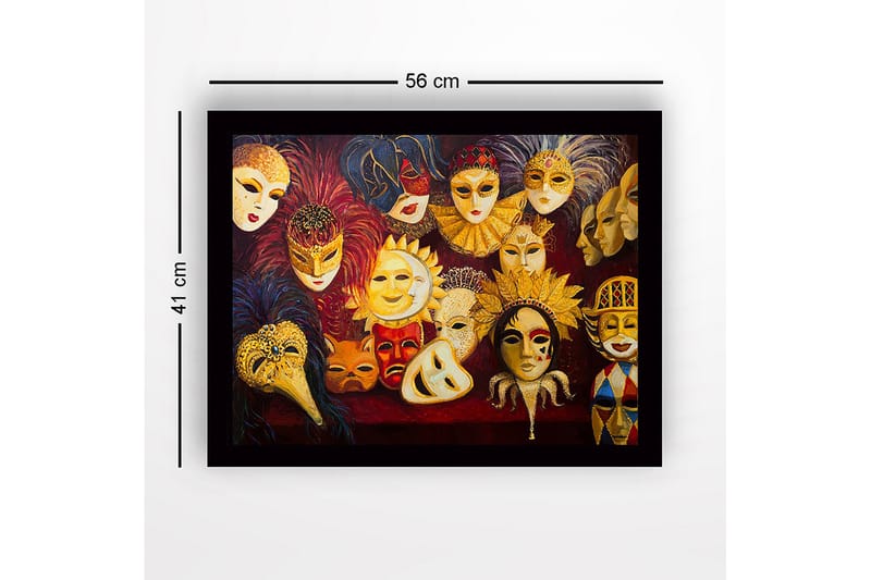Inramad Canvastavla i trä - 41x56 cm - Färgglada masker med olika uttryck och detaljer - Guld / Röd / Svart - Inredning & dekor - Tavlor & konst