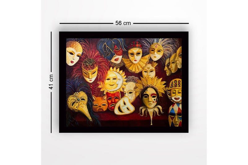 Inramad Canvastavla i trä - 41x56 cm - Färgglada masker med olika uttryck och detaljer - Guld / Röd / Svart - Inredning & dekor - Tavlor & konst