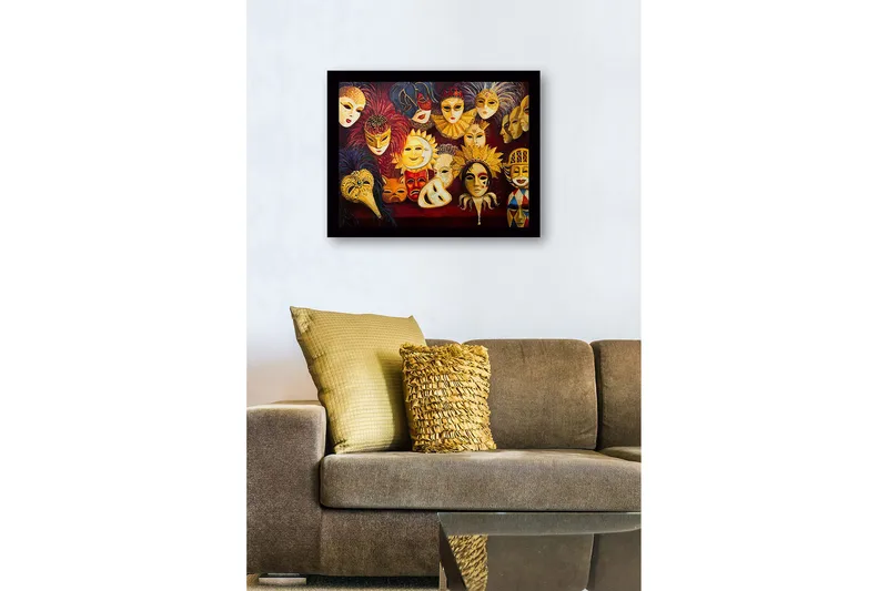 Inramad Canvastavla i trä - 41x56 cm - Färgglada masker med olika uttryck och detaljer - Guld / Röd / Svart - Inredning & dekor - Tavlor & konst