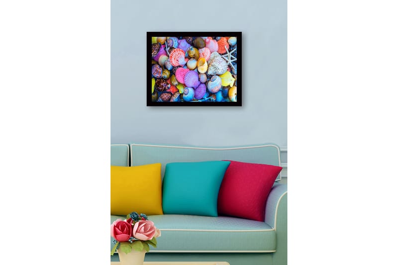Inramad Canvastavla i trä - 41x56 cm - Färgglada snäckor i olika former och storlekar - Rosa / Gul / Lila - Inredning & dekor - Tavlor & konst