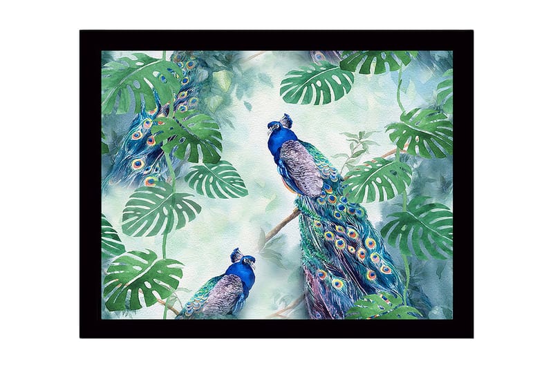 Inramad Canvastavla i trä - 41x56 cm - Färgglada påfåglar omgivna av tropiska växter, Grön / Blå / Turkos