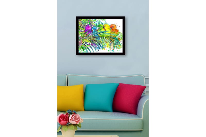 Inramad Canvastavla i trä - 41x56 cm - Färgglada papegojor omgivna av tropiska växter - Grön / Blå / Gul - Inredning & dekor - Tavlor & konst
