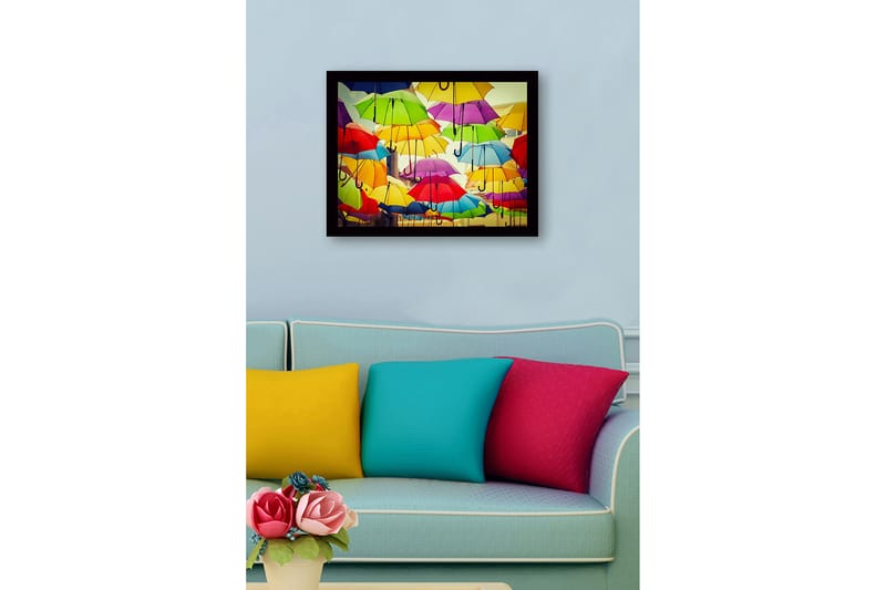 Inramad Canvastavla i trä - 41x56 cm - Färgglada paraplyer som svävar över en stadsmiljö - Gul / Grön / Röd - Inredning & dekor - Tavlor & konst