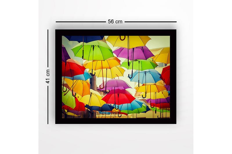 Inramad Canvastavla i trä - 41x56 cm - Färgglada paraplyer som svävar över en stadsmiljö - Gul / Grön / Röd - Inredning & dekor - Tavlor & konst