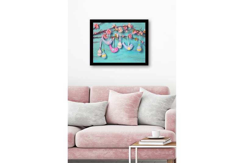 Inramad Canvastavla i trä - 41x56 cm - Färgglada påskdekorationer hängande på en gren med blommor - Ljusblå / Rosa / Gul - Inredning & dekor - Tavlor & konst