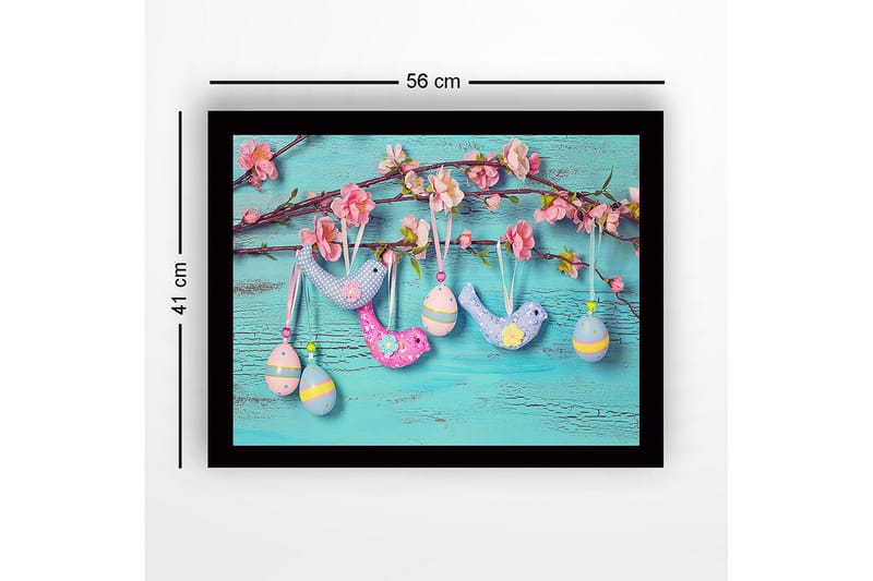 Inramad Canvastavla i trä - 41x56 cm - Färgglada påskdekorationer hängande på en gren med blommor - Ljusblå / Rosa / Gul - Inredning & dekor - Tavlor & konst