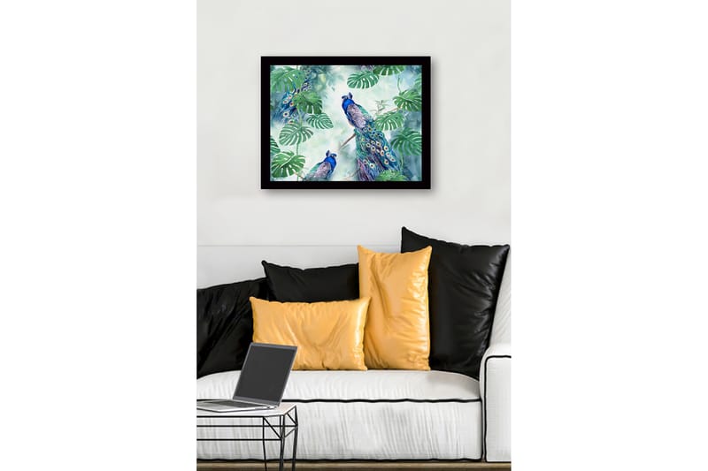 Inramad Canvastavla i trä - 41x56 cm - Färgglada påfåglar omgivna av tropiska växter - Grön / Blå / Turkos - Inredning & dekor - Tavlor & konst