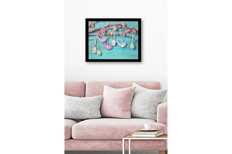 Inramad Canvastavla i trä - 41x56 cm - Färgglada påskdekorationer hängande på en gren med blommor - Ljusblå / Rosa / Gul - Inredning & dekor - Tavlor & konst