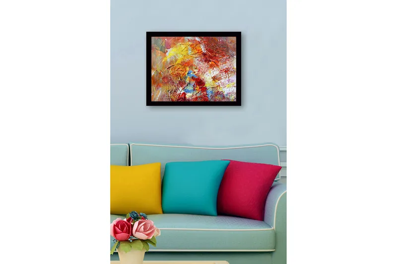 Inramad Canvastavla i trä - 41x56 cm - Färgrik abstrakt komposition med dynamiska former - Röd / Gul / Blå - Inredning & dekor - Tavlor & konst