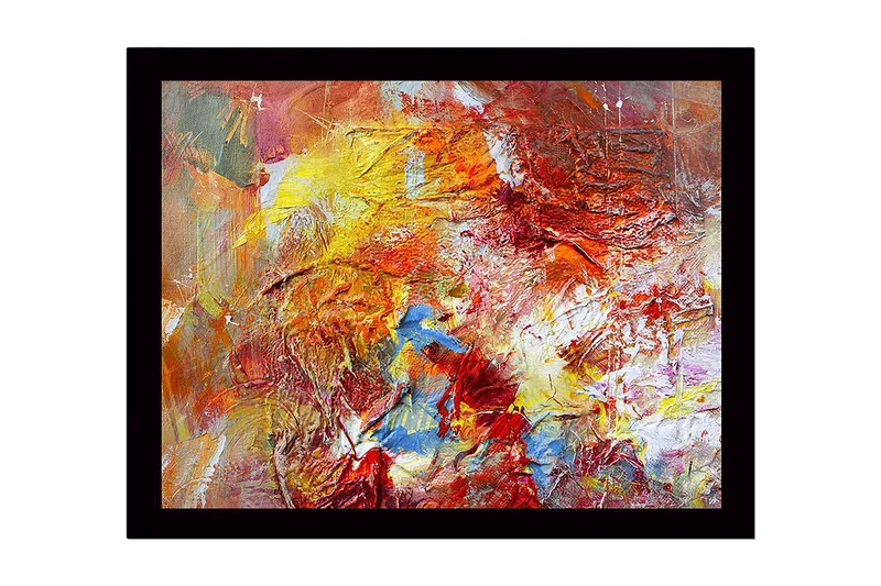 Inramad Canvastavla i trä - 41x56 cm - Färgrik abstrakt komposition med dynamiska former, Röd / Gul / Blå