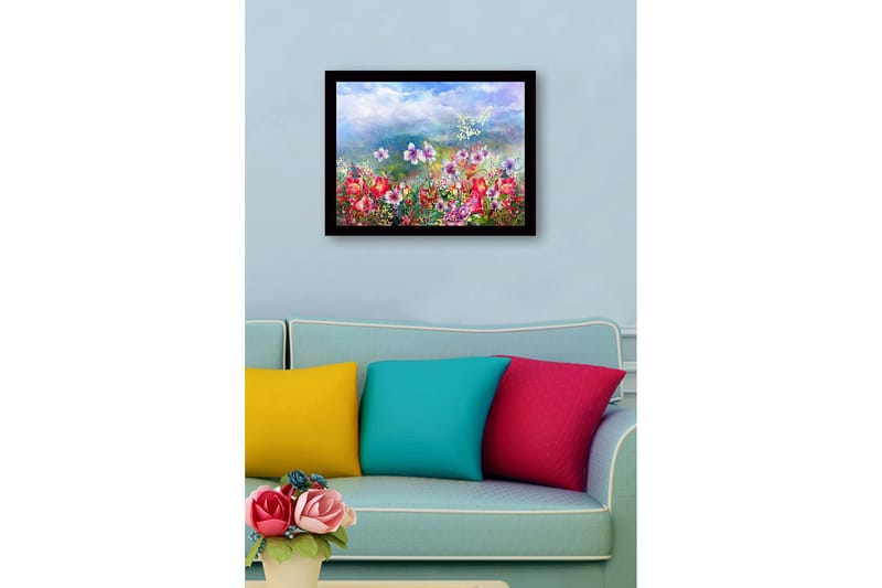 Inramad Canvastavla i trä - 41x56 cm - Färgrik blomsteräng med olika blommor i full blomning - Röd / Lila / Grön - Inredning & dekor - Tavlor & konst