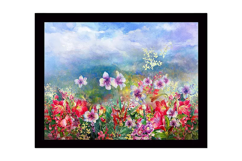 Inramad Canvastavla i trä - 41x56 cm - Färgrik blomsteräng med olika blommor i full blomning - Röd / Lila / Grön - Inredning & dekor - Tavlor & konst
