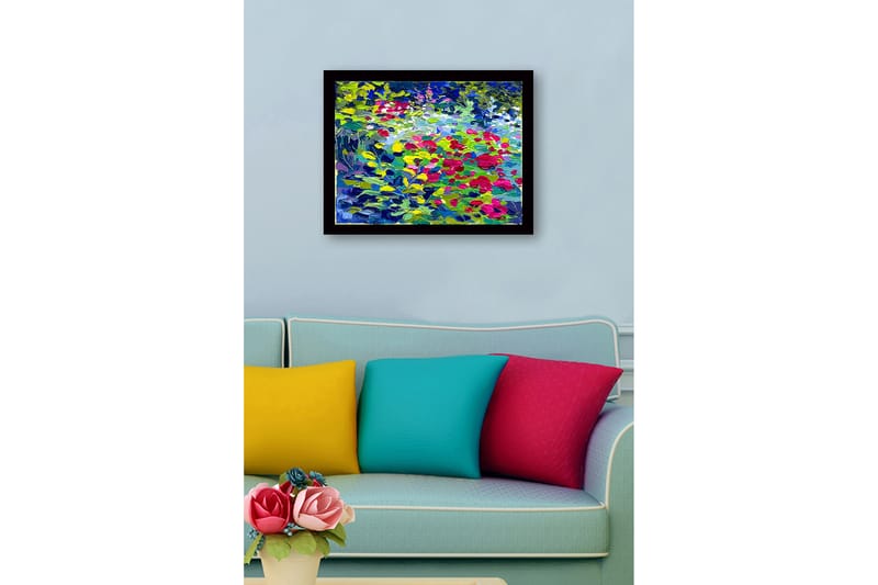 Inramad Canvastavla i trä - 41x56 cm - Färgrik blomsteräng med rosor och gröna blad - Grön / Röd / Blå - Inredning & dekor - Tavlor & konst