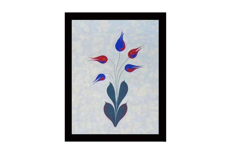 Inramad Canvastavla i trä - 41x56 cm - Färgrik blomsterbukett med stiliserade knoppar, Röd / Blå / Grön