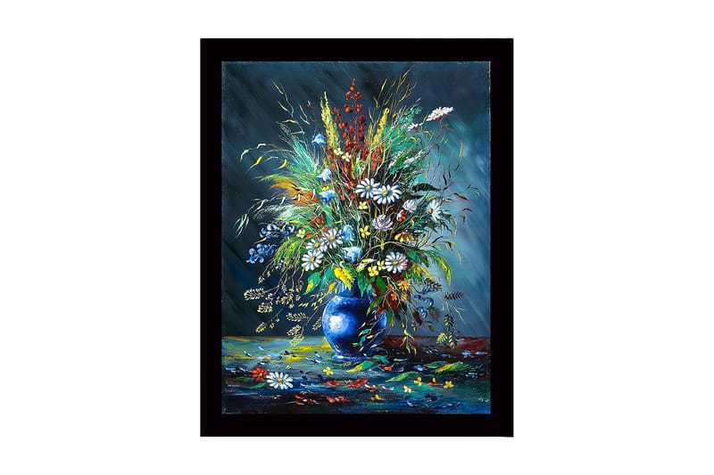 Inramad Canvastavla i trä - 41x56 cm - Färgrik bukett av blommor i en blå vas, Blå / Grön / Vit