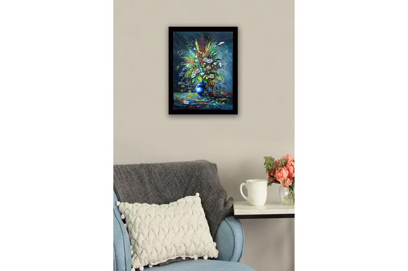Inramad Canvastavla i trä - 41x56 cm - Färgrik bukett av blommor i en blå vas - Blå / Grön / Vit - Inredning & dekor - Tavlor & konst