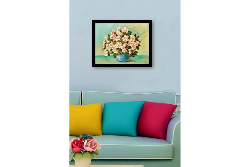 Inramad Canvastavla i trä - 41x56 cm - Färgrik bukett av blommor i en blå vas - Ljusrosa / Grön / Blå - Inredning & dekor - Tavlor & konst