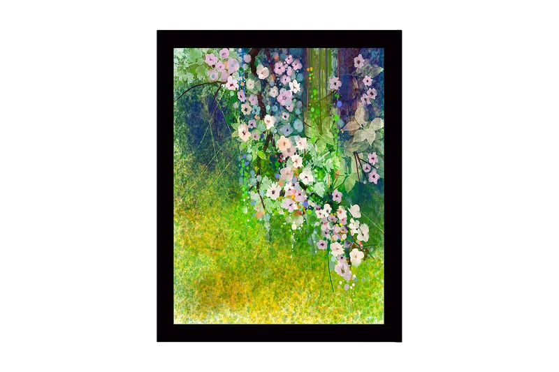 Inramad Canvastavla i trä - 41x56 cm - Färgrik bukett av blommor i en grönskande miljö, Grön / Rosa / Vit