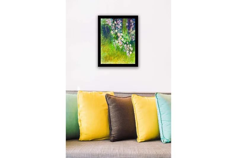 Inramad Canvastavla i trä - 41x56 cm - Färgrik bukett av blommor i en grönskande miljö - Grön / Rosa / Vit - Inredning & dekor - Tavlor & konst