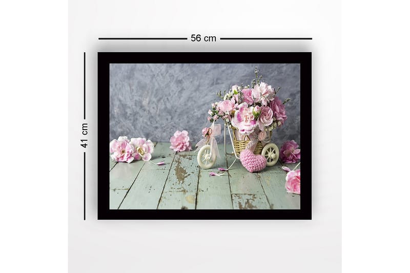 Inramad Canvastavla i trä - 41x56 cm - Färgrik bukett av blommor i en korg på en träyta - Rosa / Grön / Beige - Inredning & dekor - Tavlor & konst