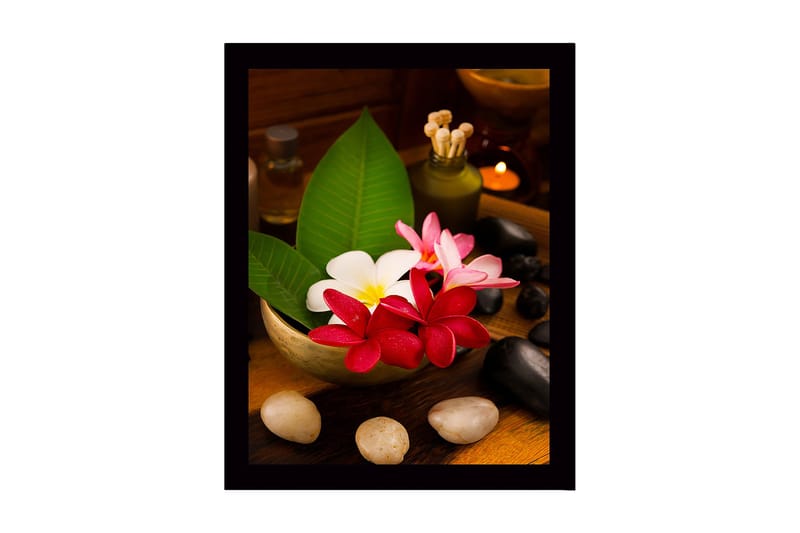 Inramad Canvastavla i trä - 41x56 cm - Färgrik bukett av blommor i en skål, Röd / Vit / Grön