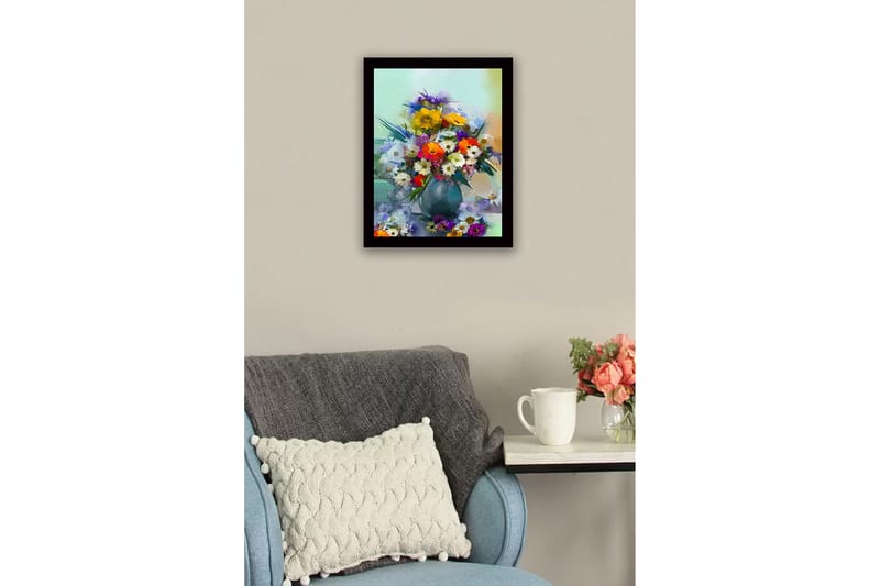 Inramad Canvastavla i trä - 41x56 cm - Färgrik bukett av blommor i en vas - Gul / Grön / Lila - Inredning & dekor - Tavlor & konst