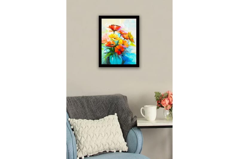 Inramad Canvastavla i trä - 41x56 cm - Färgrik bukett av blommor i en vas - Röd / Gul / Grön - Inredning & dekor - Tavlor & konst