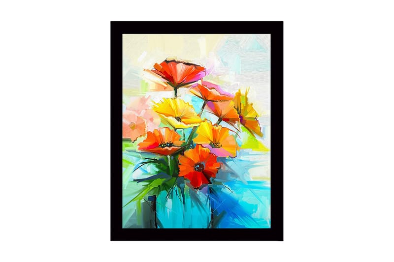 Inramad Canvastavla i trä - 41x56 cm - Färgrik bukett av blommor i en vas - Röd / Gul / Grön - Inredning & dekor - Tavlor & konst