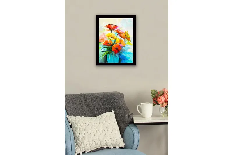 Inramad Canvastavla i trä - 41x56 cm - Färgrik bukett av blommor i en vas - Röd / Gul / Grön - Inredning & dekor - Tavlor & konst