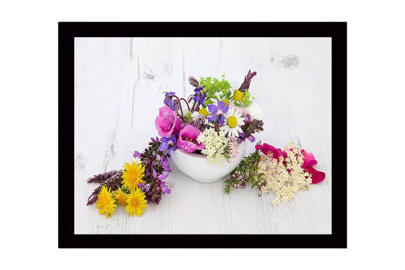 Inramad Canvastavla i trä - 41x56 cm - Färgrik bukett av blommor i en vit skål - Lila / Rosa / Gul - Inredning & dekor - Tavlor & konst