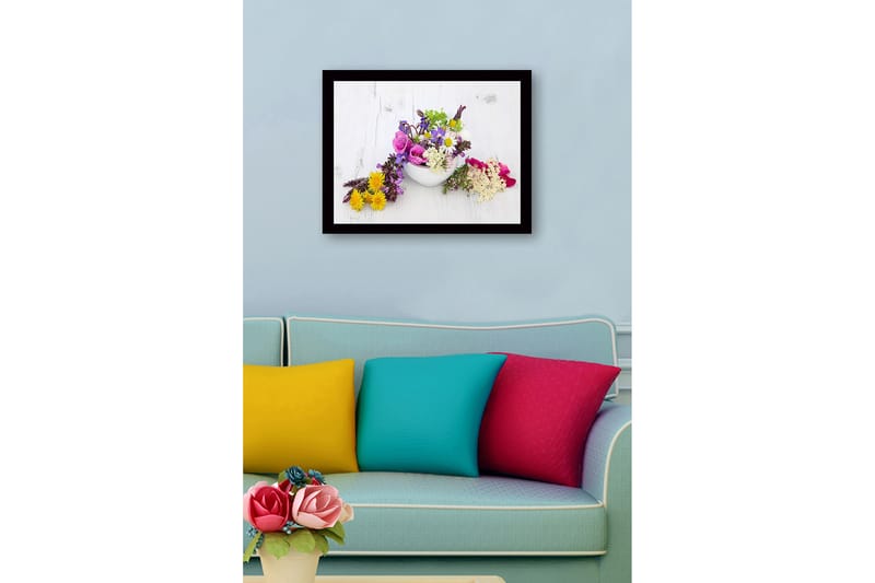 Inramad Canvastavla i trä - 41x56 cm - Färgrik bukett av blommor i en vit skål - Lila / Rosa / Gul - Inredning & dekor - Tavlor & konst
