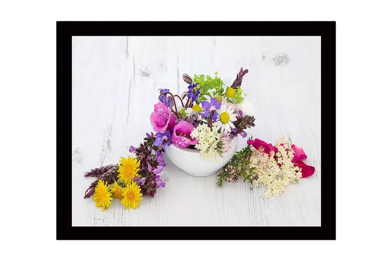 Inramad Canvastavla i trä - 41x56 cm - Färgrik bukett av blommor i en vit skål - Lila / Rosa / Gul - Inredning & dekor - Tavlor & konst