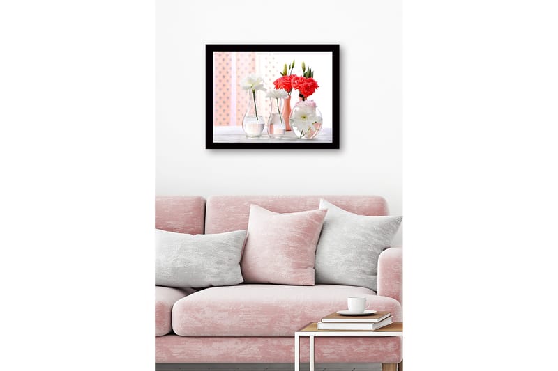 Inramad Canvastavla i trä - 41x56 cm - Färgrik bukett av blommor i glasvaser - Vit / Rosa / Röd - Inredning & dekor - Tavlor & konst