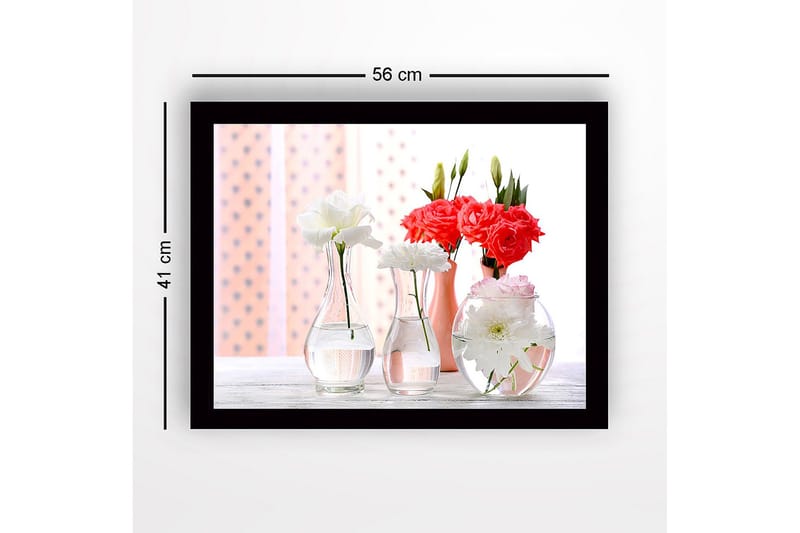Inramad Canvastavla i trä - 41x56 cm - Färgrik bukett av blommor i glasvaser - Vit / Rosa / Röd - Inredning & dekor - Tavlor & konst