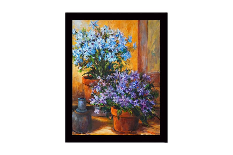 Inramad Canvastavla i trä - 41x56 cm - Färgrik bukett av blommor i krukor, Blå / Lila / Grön