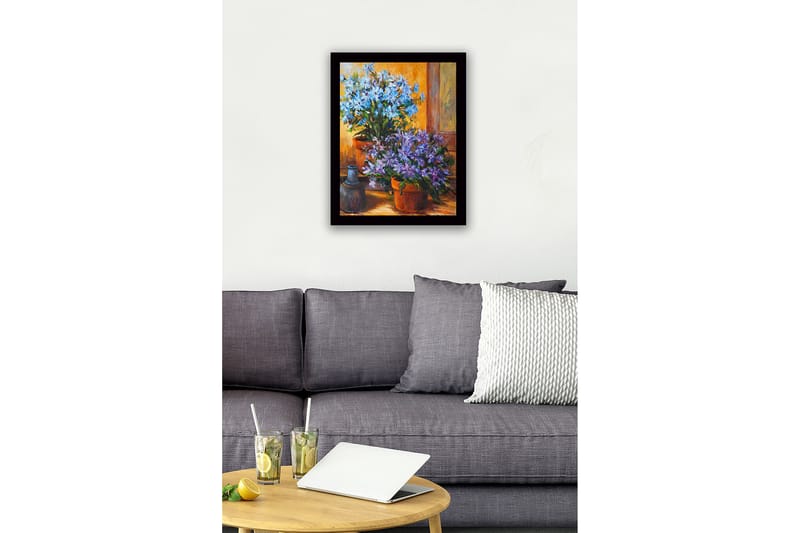Inramad Canvastavla i trä - 41x56 cm - Färgrik bukett av blommor i krukor - Blå / Lila / Grön - Inredning & dekor - Tavlor & konst