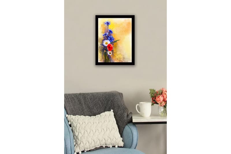 Inramad Canvastavla i trä - 41x56 cm - Färgrik bukett av blommor med blå och röda inslag - Blå / Röd / Vit - Inredning & dekor - Tavlor & konst
