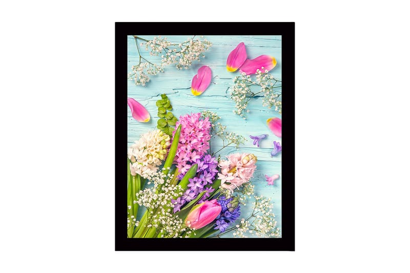 Inramad Canvastavla i trä - 41x56 cm - Färgrik bukett av blommor med tulpaner och hyacinter, Rosa / Lila / Vit